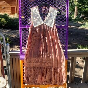 Anthropologie Pink and White Midi Dress with Lace